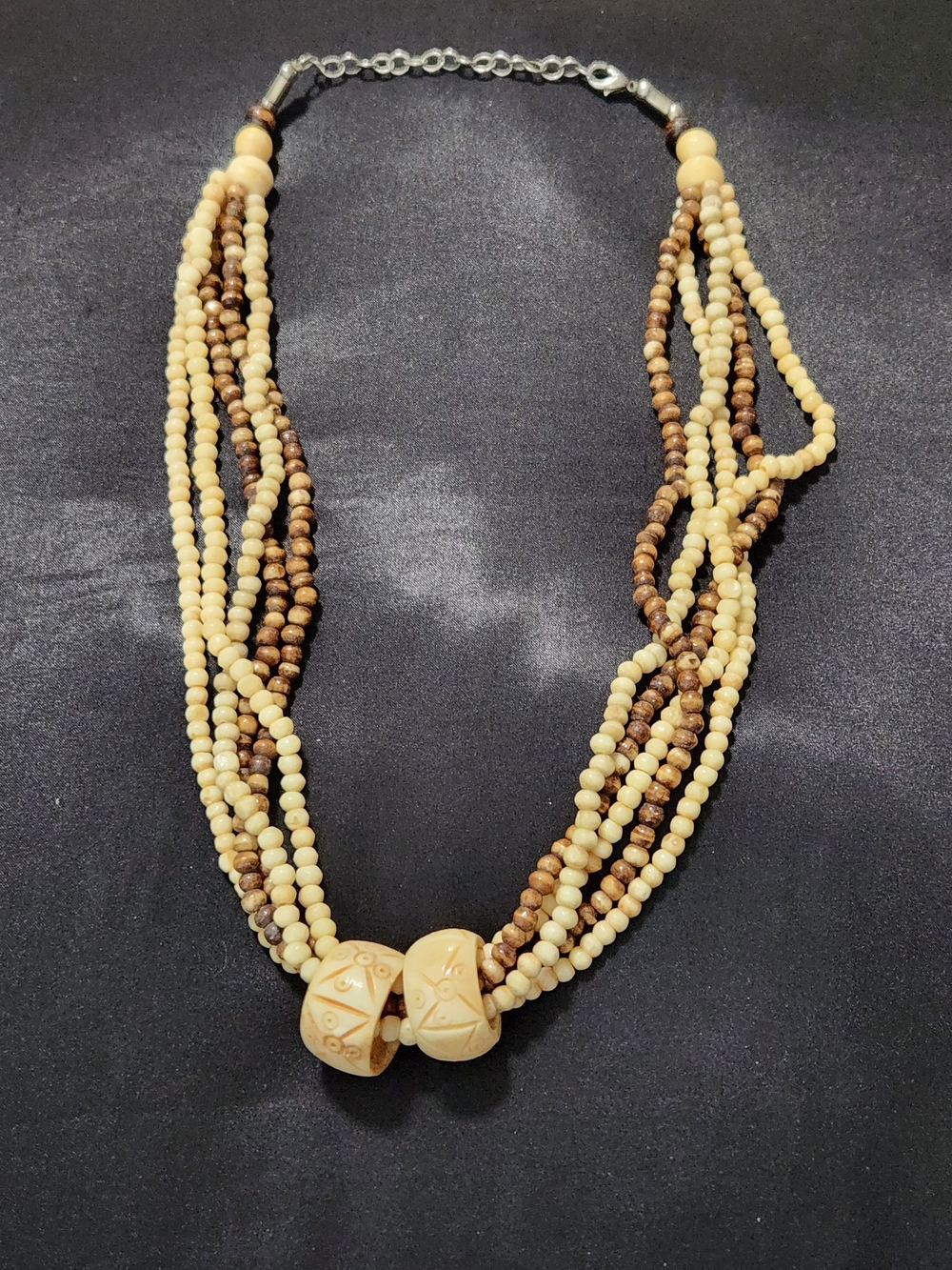 Vintage Multi-Strand Boho Statement Necklace - Carved Faux Bone & Wood Seed Bead